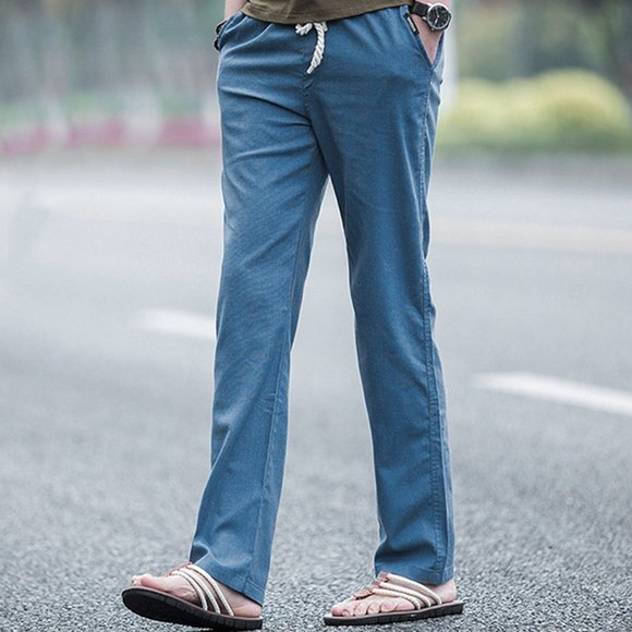 Linen Blend Lightweight Solid Casual Pants Drawstring Rope Pockets Elastic Waist - Picture 4 of 13